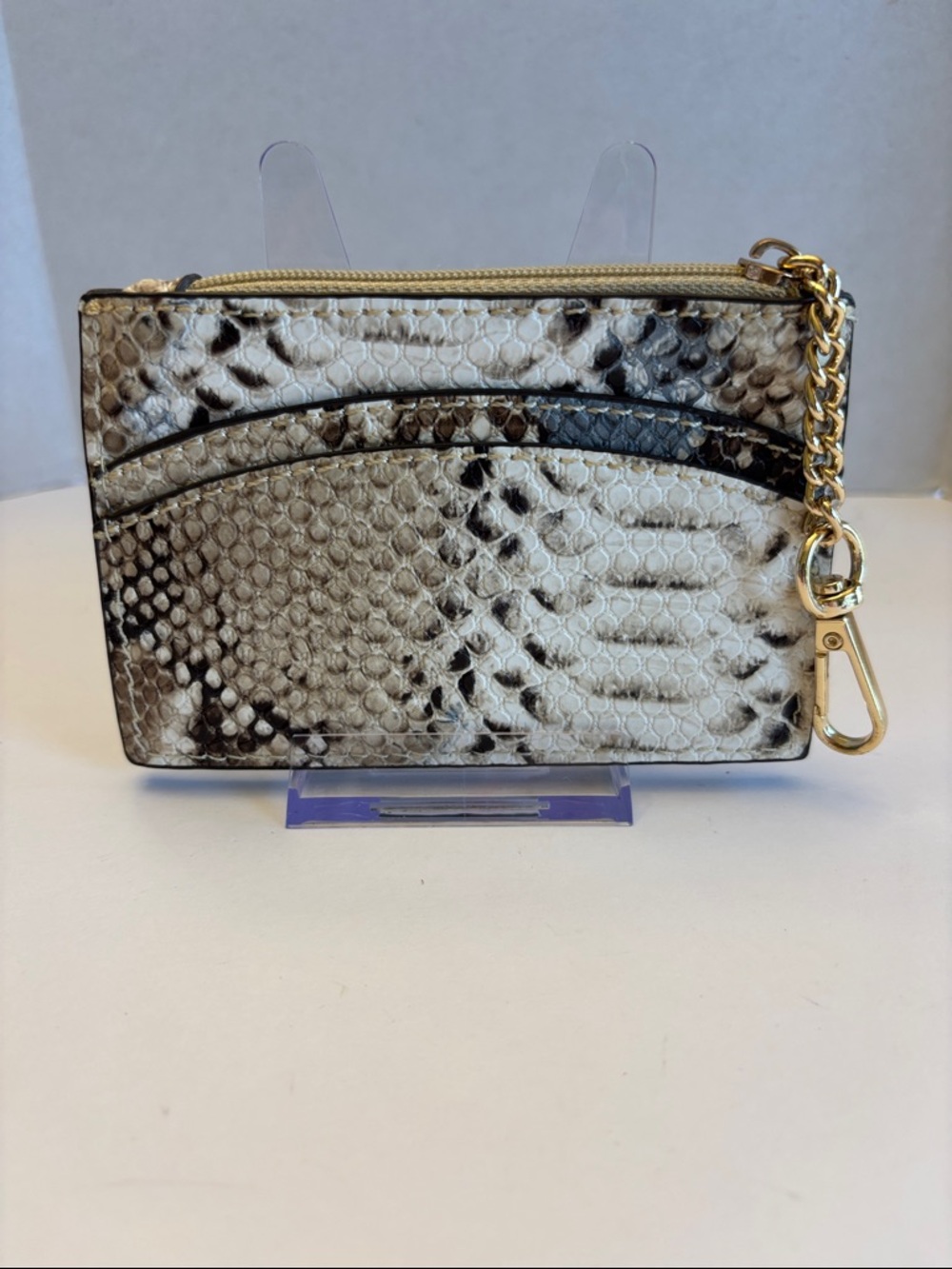 Anne Klein Snake Print Zip Card Holder with Gold Chain NWOT